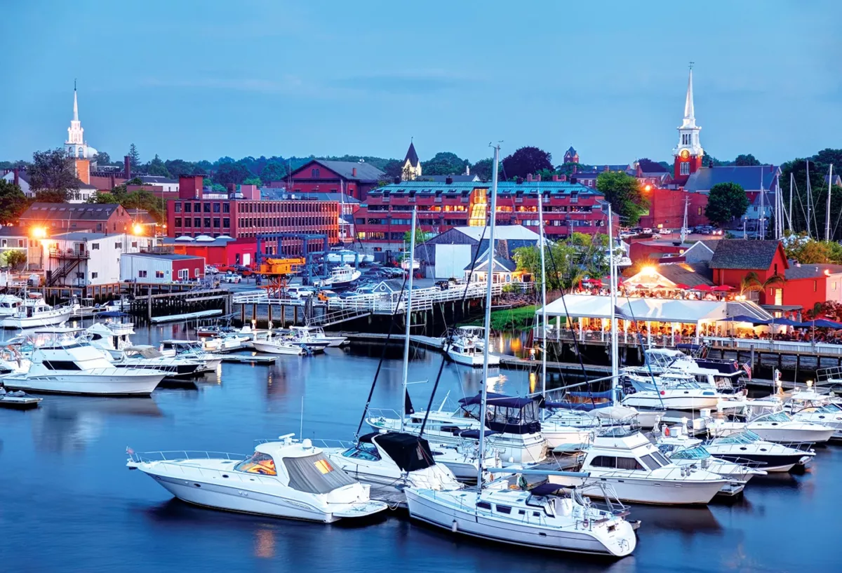 Marina with docked boats, city buildings, and water under a clear sky.