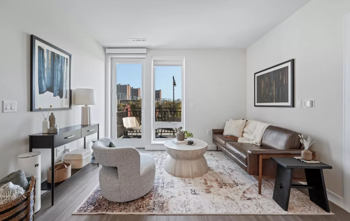 Bright living room with sofa, accent chair, area rug, and large windows.