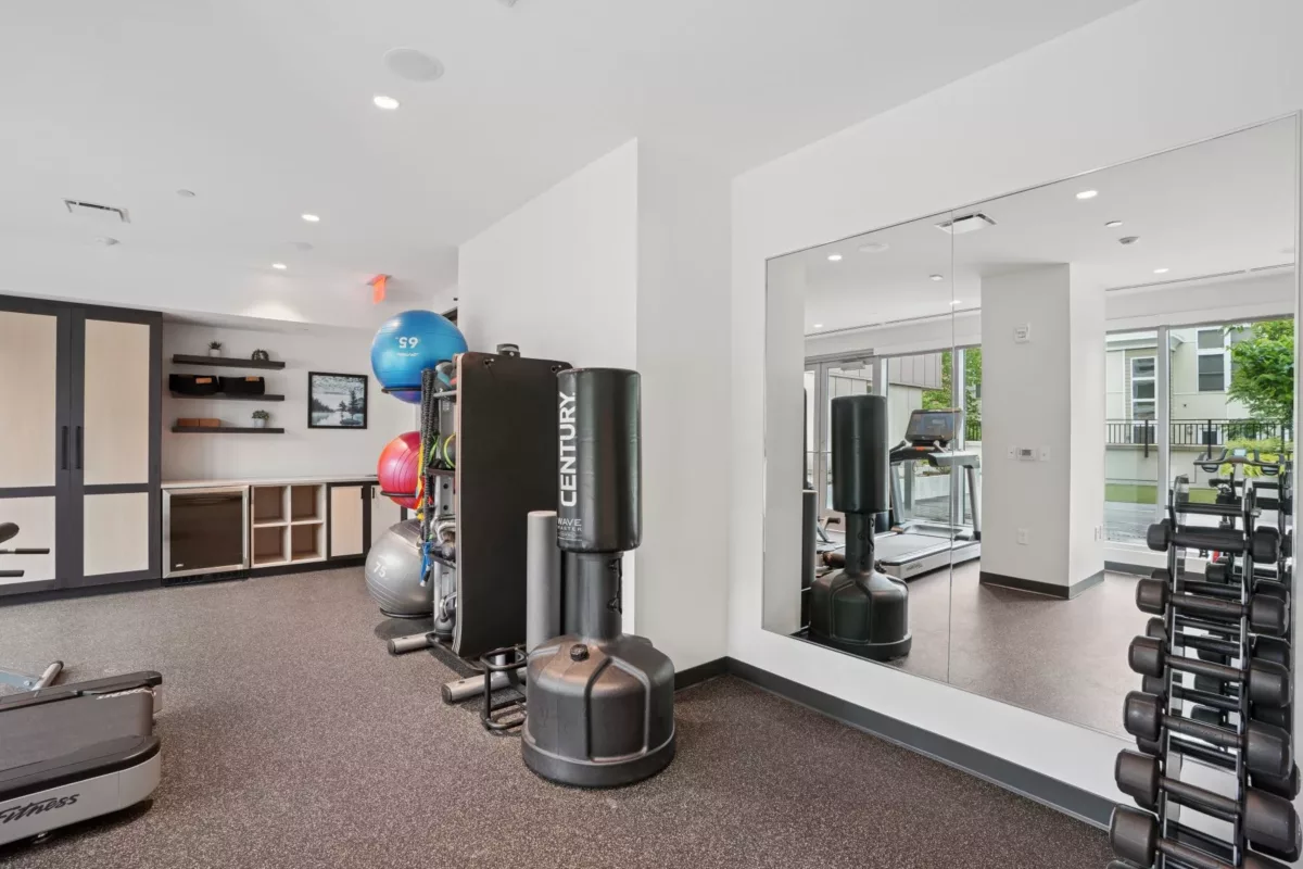 Boxing and training area with punching bags and open workout space.